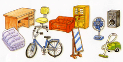 机、マットレス、椅子、ソファ、家具、自転車、姿見、扇風機、掃除機、洗濯機など